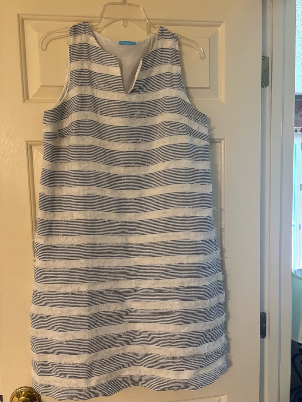 J. McLaughlin White and Blue Striped Sleeveless Shift Dress